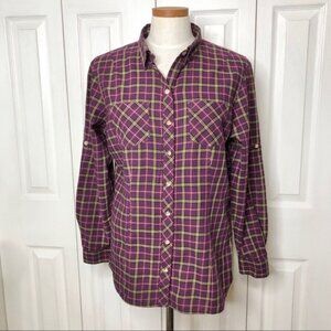 LLBean purple plaid cotton flannel shirt, roll tab